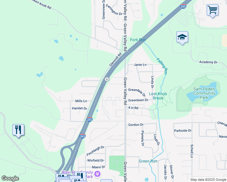 map of restaurants, bars, coffee shops, grocery stores, and more near 2911 Green Valley Road in New Albany