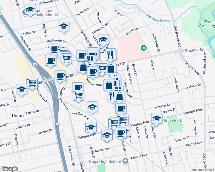map of restaurants, bars, coffee shops, grocery stores, and more near 3255 Jefferson Street in Napa