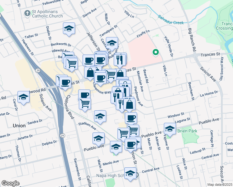 map of restaurants, bars, coffee shops, grocery stores, and more near 3255 Jefferson Street in Napa