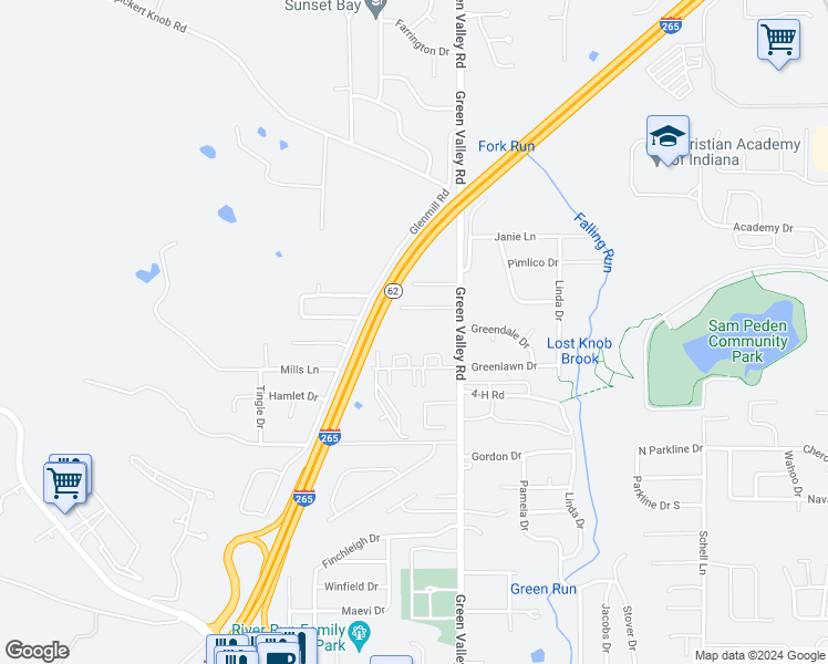 map of restaurants, bars, coffee shops, grocery stores, and more near 2911 Green Valley Road in New Albany