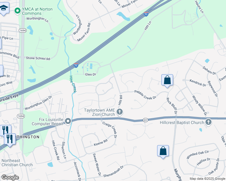 map of restaurants, bars, coffee shops, grocery stores, and more near 10918 Collington Drive in Louisville