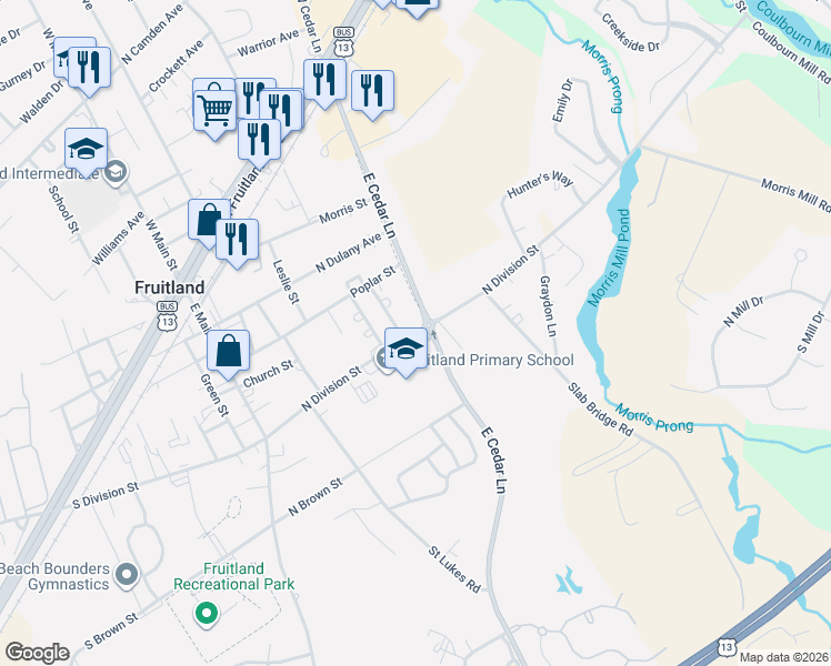 map of restaurants, bars, coffee shops, grocery stores, and more near 311 North Division Street in Fruitland