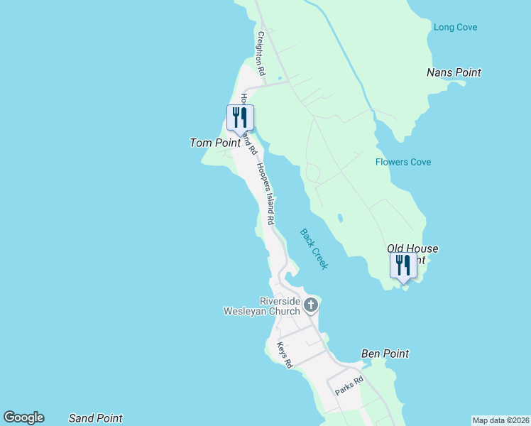 map of restaurants, bars, coffee shops, grocery stores, and more near 2526 Hoopers Island Road in Fishing Creek