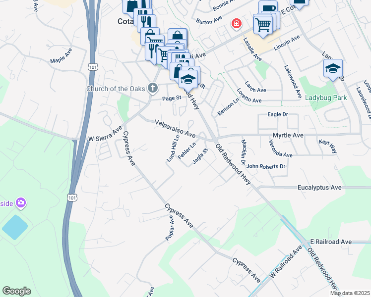 map of restaurants, bars, coffee shops, grocery stores, and more near 8743 Fehler Lane in Cotati