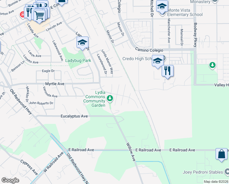 map of restaurants, bars, coffee shops, grocery stores, and more near 553 Lydia Court South in Rohnert Park