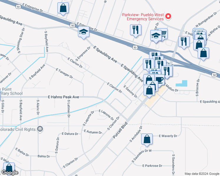 map of restaurants, bars, coffee shops, grocery stores, and more near 732 East Clarion Drive in Pueblo West
