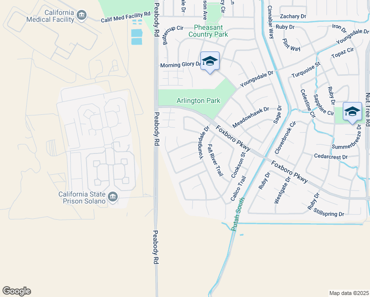 map of restaurants, bars, coffee shops, grocery stores, and more near 125 Hunters Glen Court in Vacaville
