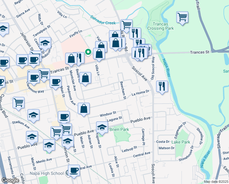 map of restaurants, bars, coffee shops, grocery stores, and more near 351 Pear Tree Terrace in Napa
