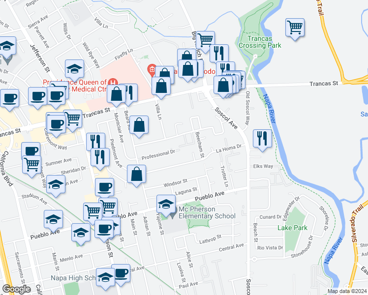 map of restaurants, bars, coffee shops, grocery stores, and more near 351 Pear Tree Terrace in Napa