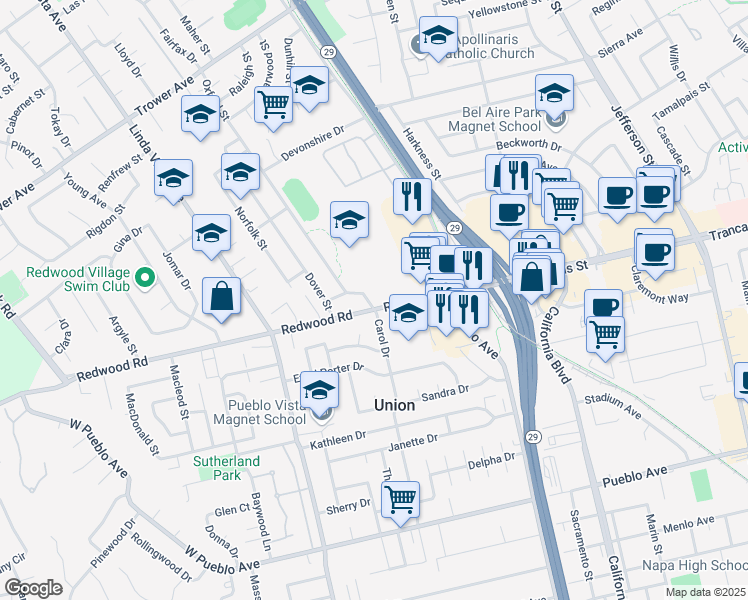 map of restaurants, bars, coffee shops, grocery stores, and more near 2200 Redwood Road in Napa