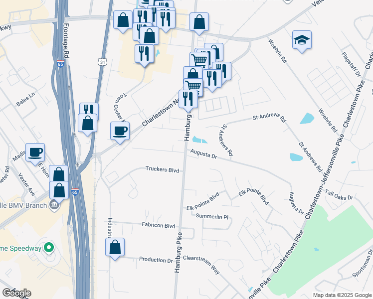 map of restaurants, bars, coffee shops, grocery stores, and more near 1704 Augusta Drive in Jeffersonville