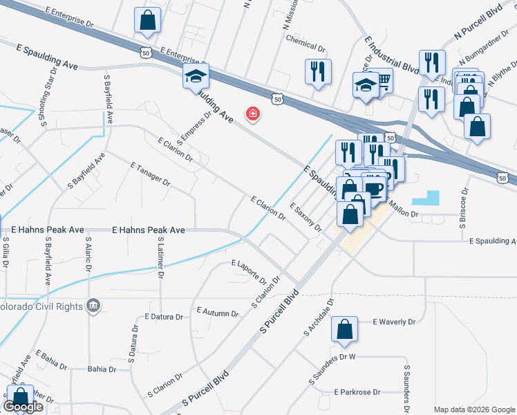map of restaurants, bars, coffee shops, grocery stores, and more near 734 East Clarion Drive in Pueblo West