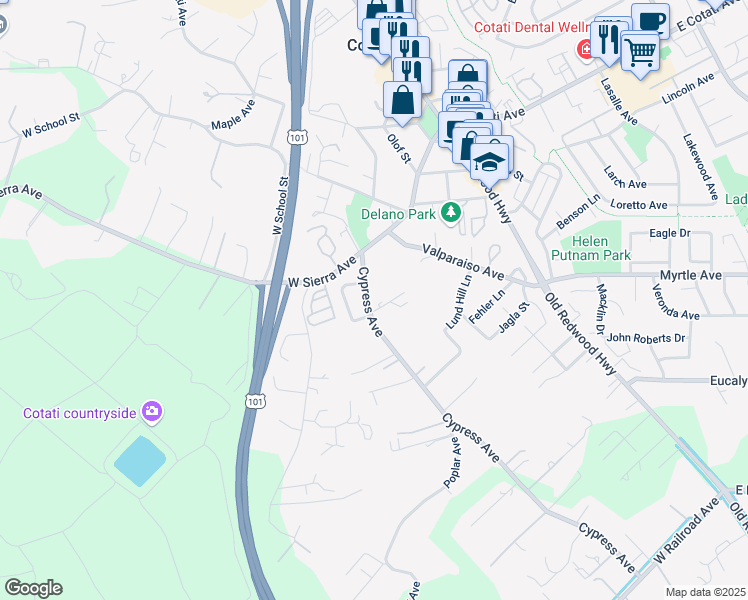 map of restaurants, bars, coffee shops, grocery stores, and more near 8564 Cypress Avenue in Cotati