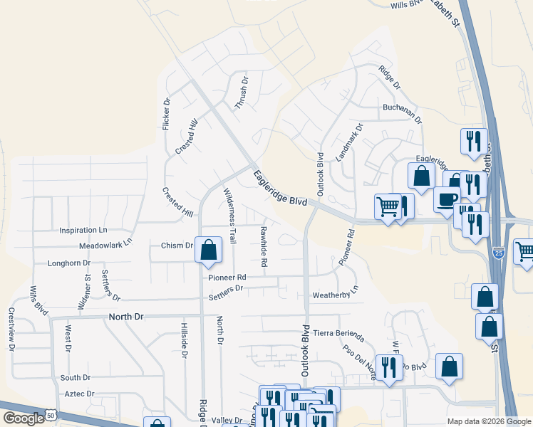 map of restaurants, bars, coffee shops, grocery stores, and more near 4400 Rawhide Road in Pueblo