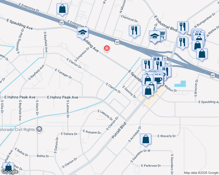 map of restaurants, bars, coffee shops, grocery stores, and more near 734 East Clarion Drive in Pueblo West