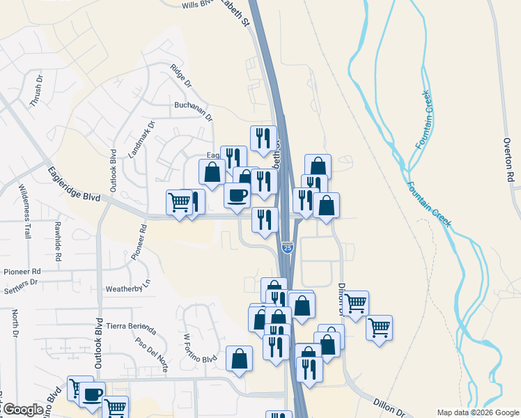 map of restaurants, bars, coffee shops, grocery stores, and more near 416 Eagleridge Boulevard in Pueblo