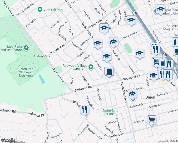 map of restaurants, bars, coffee shops, grocery stores, and more near 3549 Cynthia Court in Napa