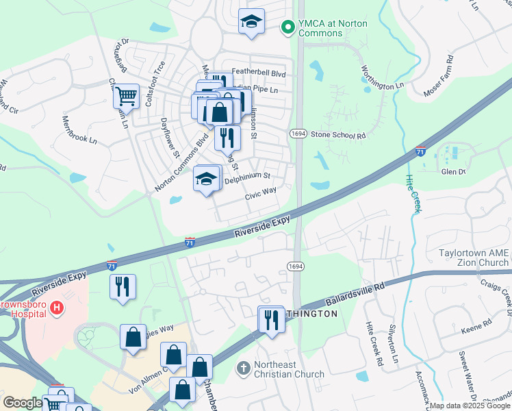 map of restaurants, bars, coffee shops, grocery stores, and more near 9500 Deerfoot Trace in Prospect