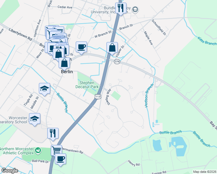 map of restaurants, bars, coffee shops, grocery stores, and more near 203 Flagship Circle in Berlin