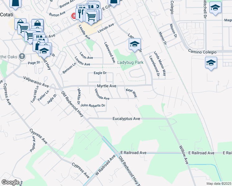 map of restaurants, bars, coffee shops, grocery stores, and more near 119 Keppel Way in Cotati