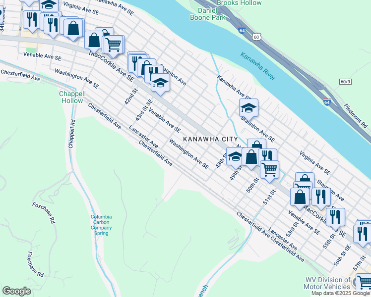 map of restaurants, bars, coffee shops, grocery stores, and more near 4604 Washington Avenue Southeast in Charleston