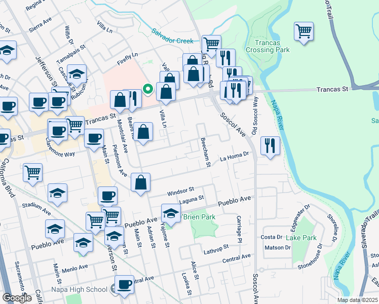 map of restaurants, bars, coffee shops, grocery stores, and more near 351 Pear Tree Terrace in Napa