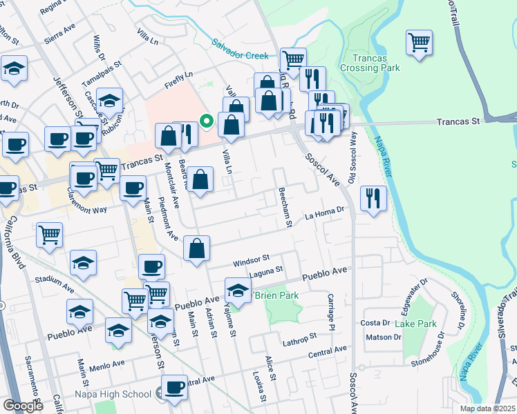 map of restaurants, bars, coffee shops, grocery stores, and more near 351 Pear Tree Terrace in Napa