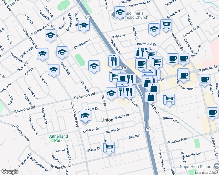 map of restaurants, bars, coffee shops, grocery stores, and more near 2101 Redwood Road in Napa