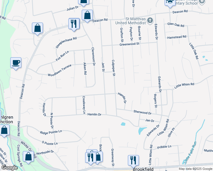 map of restaurants, bars, coffee shops, grocery stores, and more near 602 Jett Street in Fredericksburg
