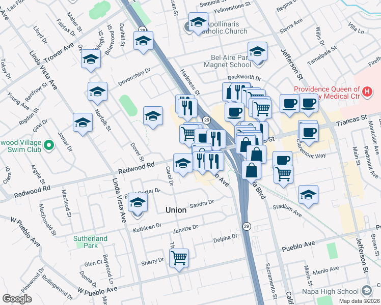map of restaurants, bars, coffee shops, grocery stores, and more near in Napa