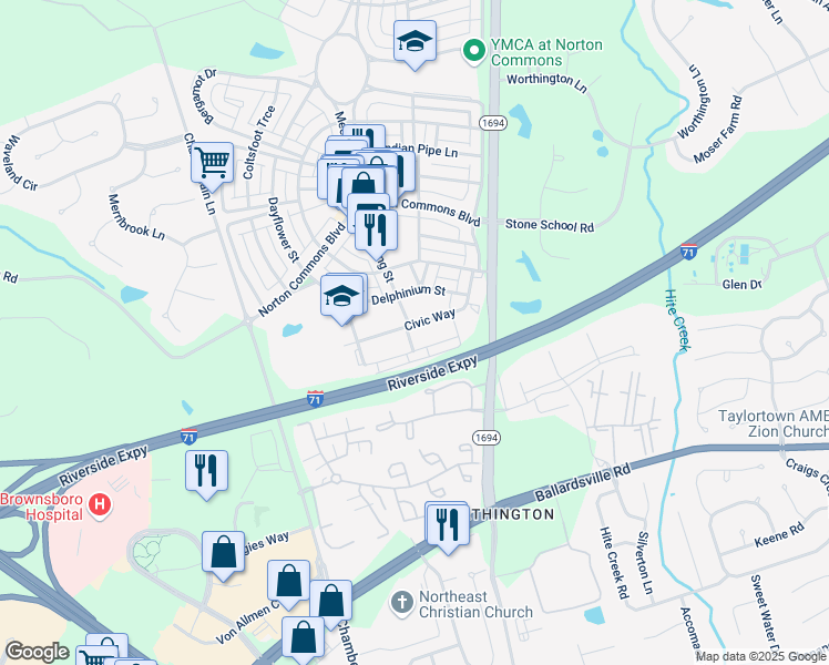 map of restaurants, bars, coffee shops, grocery stores, and more near 9506 Civic Way in Prospect