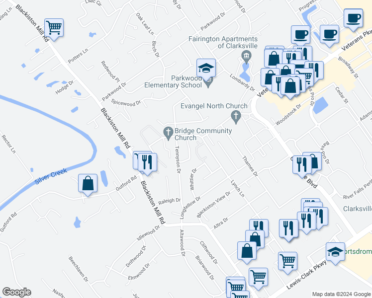 map of restaurants, bars, coffee shops, grocery stores, and more near 1807 Shirley Avenue in Clarksville