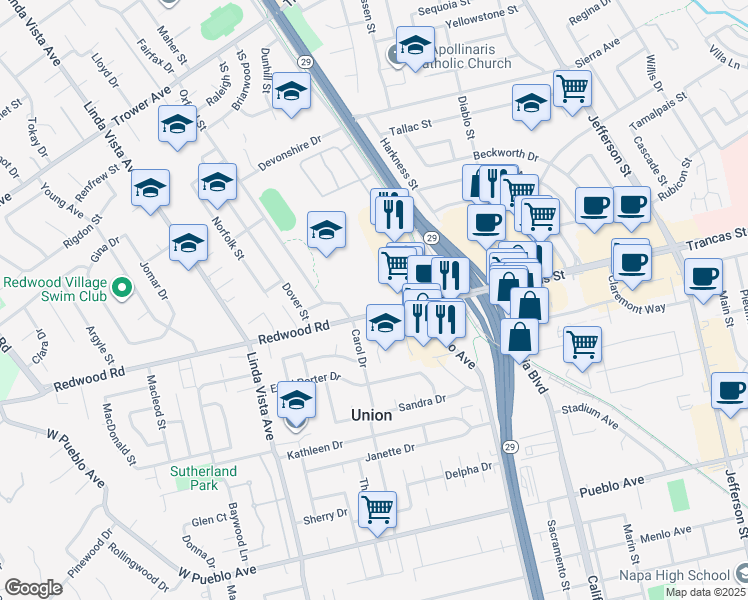 map of restaurants, bars, coffee shops, grocery stores, and more near 2100 Redwood Road in Napa