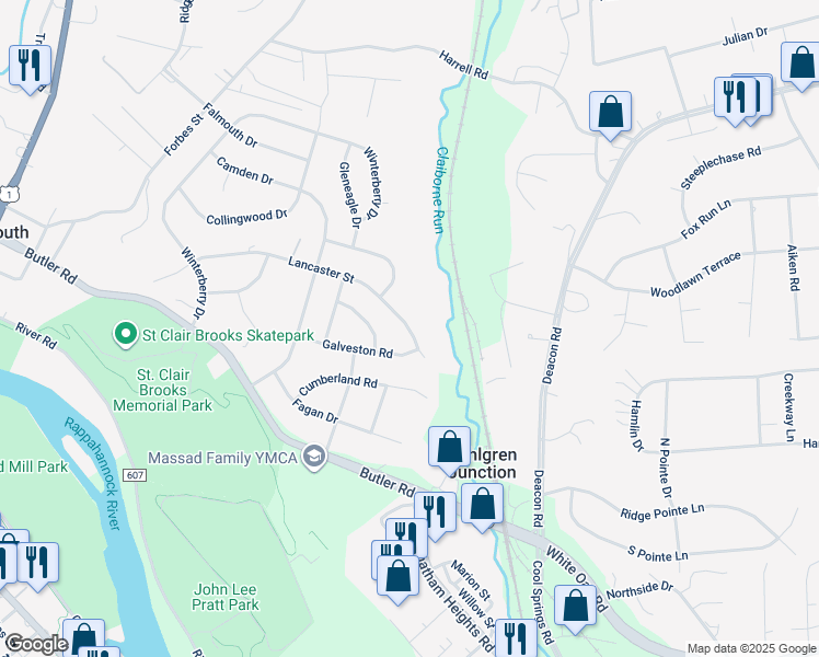 map of restaurants, bars, coffee shops, grocery stores, and more near 609 Lancaster Street in Fredericksburg