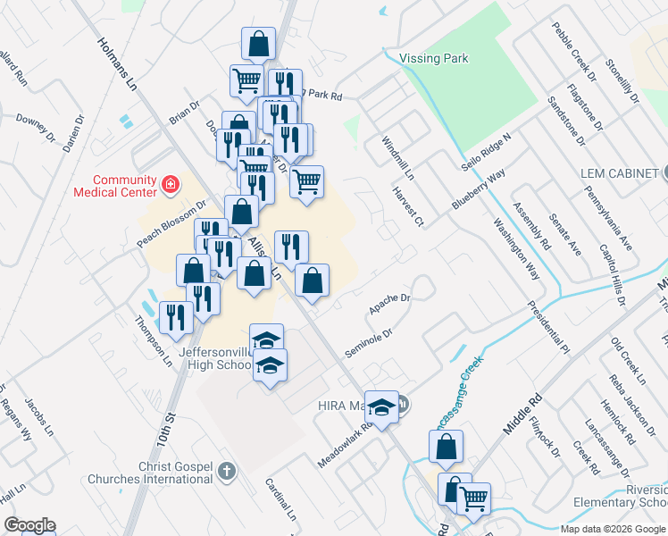 map of restaurants, bars, coffee shops, grocery stores, and more near 2650 Allison Lane in Jeffersonville