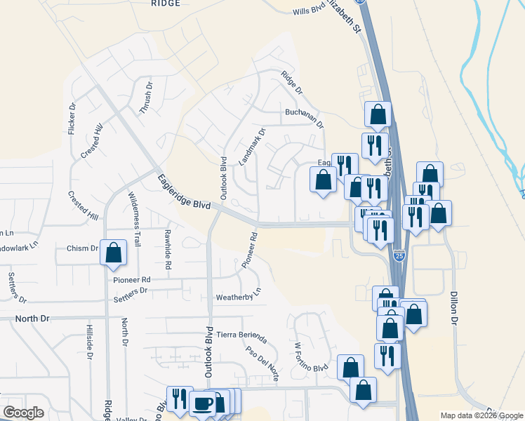map of restaurants, bars, coffee shops, grocery stores, and more near 1065 Eagleridge Boulevard in Pueblo