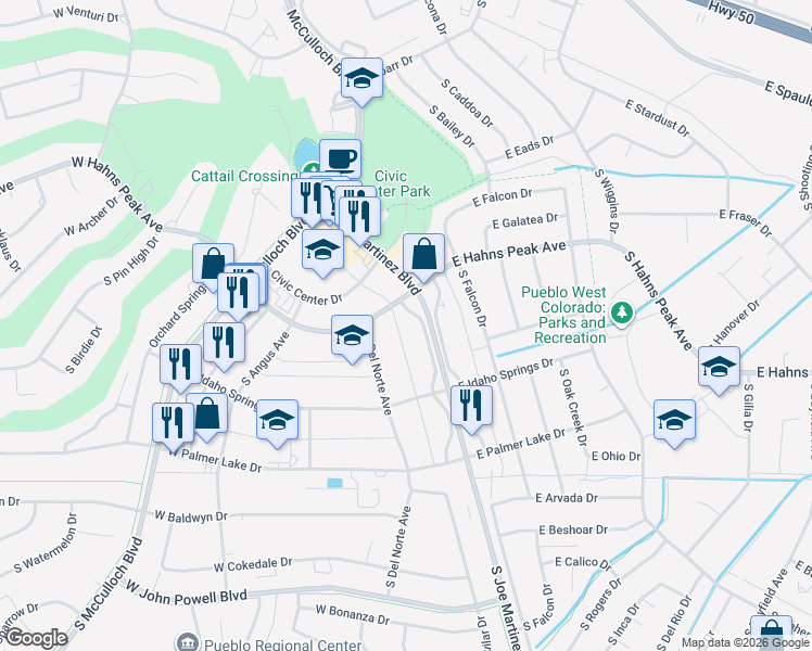 map of restaurants, bars, coffee shops, grocery stores, and more near 311 South Joe Martinez Boulevard in Pueblo West
