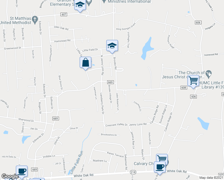 map of restaurants, bars, coffee shops, grocery stores, and more near 107 Brooke Village Drive in Fredericksburg