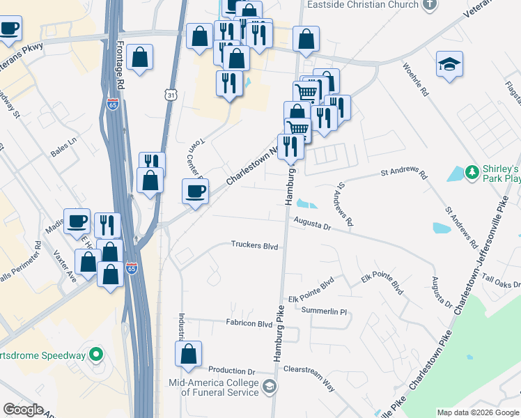 map of restaurants, bars, coffee shops, grocery stores, and more near 1608 Waverly Road in Jeffersonville