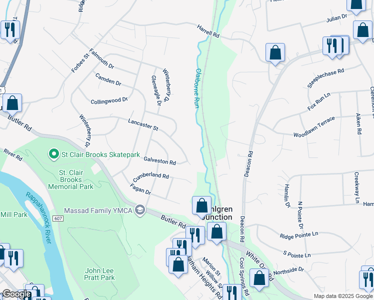 map of restaurants, bars, coffee shops, grocery stores, and more near 609 Lancaster Street in Fredericksburg