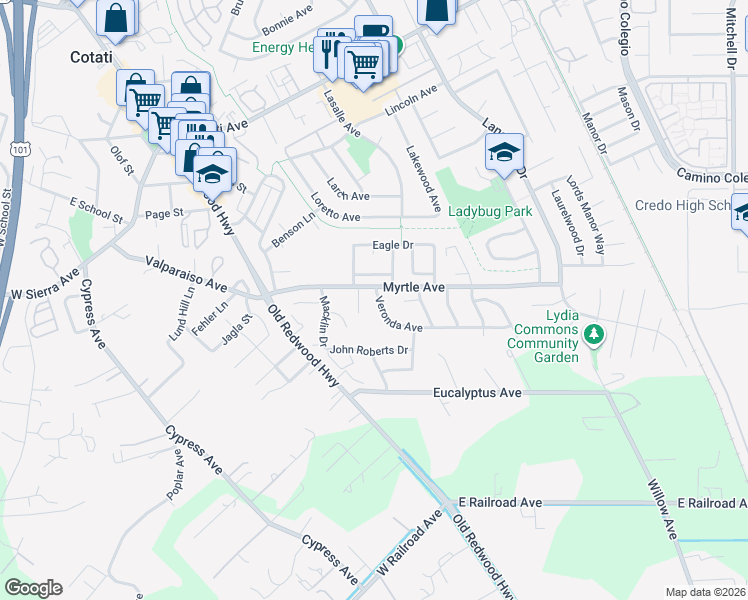 map of restaurants, bars, coffee shops, grocery stores, and more near 121 Veronda Avenue in Cotati