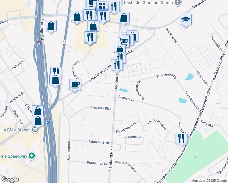 map of restaurants, bars, coffee shops, grocery stores, and more near 1704 Augusta Drive in Jeffersonville