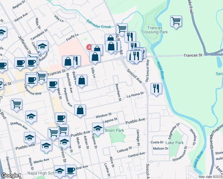 map of restaurants, bars, coffee shops, grocery stores, and more near 351 Pear Tree Terrace in Napa