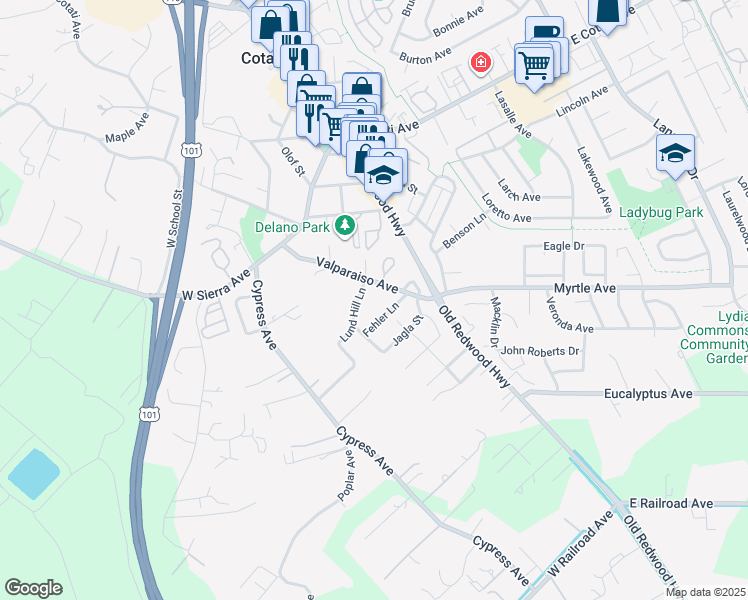 map of restaurants, bars, coffee shops, grocery stores, and more near 8743 Fehler Lane in Cotati