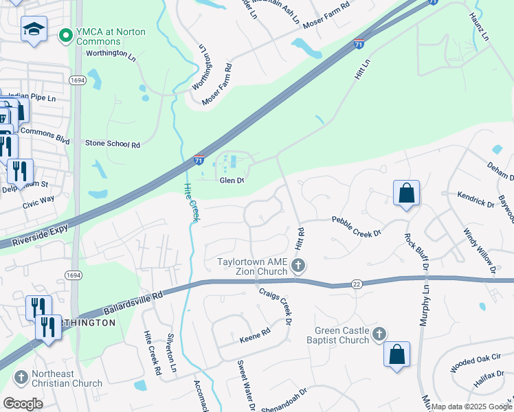 map of restaurants, bars, coffee shops, grocery stores, and more near 5507 Worthington Place Drive in Louisville