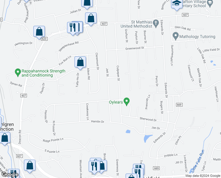 map of restaurants, bars, coffee shops, grocery stores, and more near 604 Jett Street in Fredericksburg