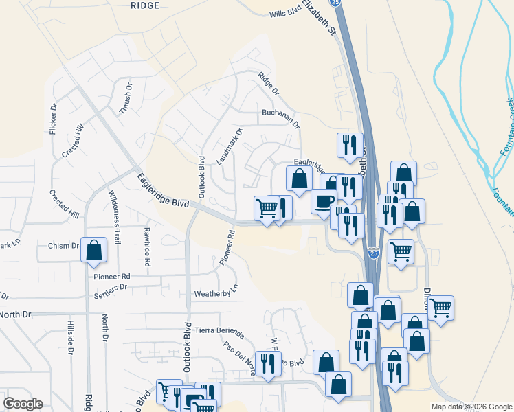 map of restaurants, bars, coffee shops, grocery stores, and more near 1065 Eagleridge Boulevard in Pueblo