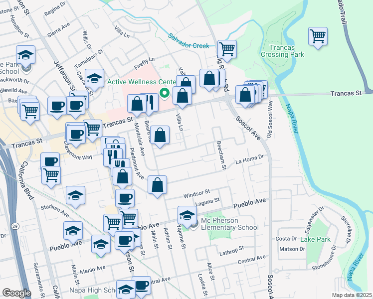 map of restaurants, bars, coffee shops, grocery stores, and more near Villa Lane & Peartree Lane in Napa