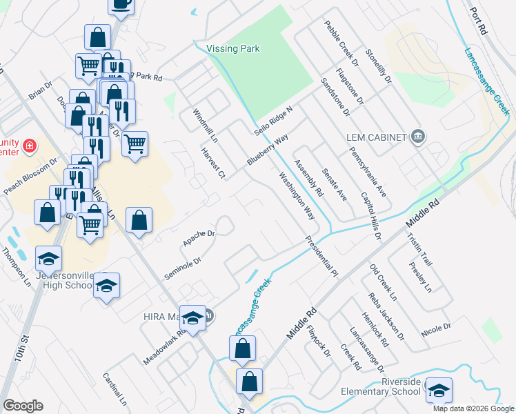 map of restaurants, bars, coffee shops, grocery stores, and more near 1002 Legislative Lane in Jeffersonville