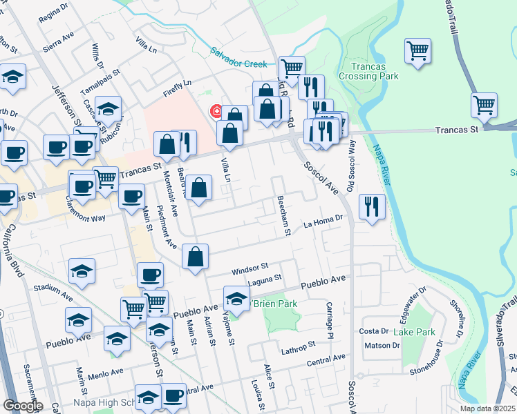 map of restaurants, bars, coffee shops, grocery stores, and more near 1268 Pear Tree Lane in Napa